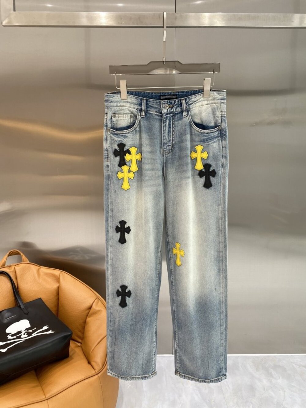 Chrome Hearts Light Wash Straight-Leg Jeans with Yellow & Black Cross Patches